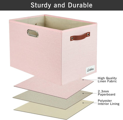 3-Pack Foldable Fabric Storage Bins with Durable PU & Metal Handles, Collapsible Storage Baskets for Shelves, Home Storage, Closet Organizers, Living Room(17"x11.8"x11.8", Pink)