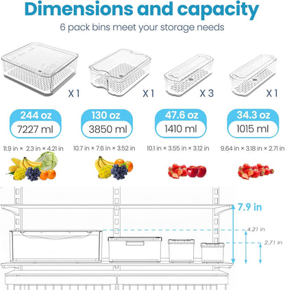 8 Pack Refrigerator Organizers, Clear Pull-out Drawer Container and Organizer Bins with Lids, Stackable Storage Containers for Fruits, Vegetable (Set of 6 (Include Pull-out Drawer))