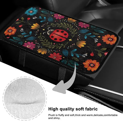 CLOHOMIN Cute Ladybug Center Console Armrest Cover for Car Sedan Van Flannel Car Armrest Cushion Winter Automobile Arm Rest Cushion Pad Flowers Auto Decoration Accessories