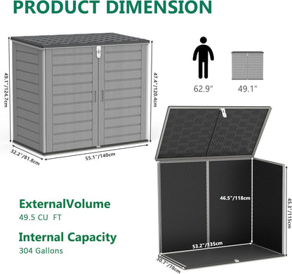 Uhomepro 4.6 Ft. X 4.1 Ft Outdoor Horizontal Storage Shed, Resin Storage Shed with Double Lockable Doors, Ideal for Garbage Can Storage and Garden Tools, Strong Water Resistance