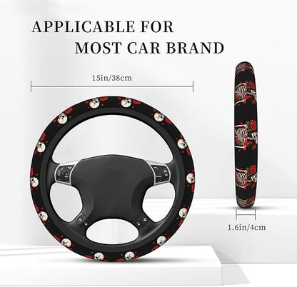 Ouqiuwa Red Rose Skeleton Steering Wheel Cover Women, Comfortable Elastic Steering Car Wheel Cover Fit 15 inches Universal Accessories Suvs Trucks Decor