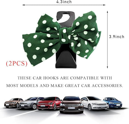 2 PCS Car Seat Headrest Hooks, Cute Bow Shaped Vehicle Backseat Storage Hooks, Leather Bow Shaped Sturdy Car Seat Back Hooks for Purses/Coats/Umbrellas, Car Accessories (Green Dot)