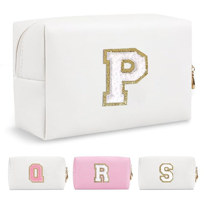 Small Personalized Initial A-Z Preppy Patch Makeup Bag,White PU Chenille Letter Travel Cosmetic Pouch with Zipper,Cute Toiletry Bag,Gift Ideal for Teen Girls Women Teacher Bridesmaid,Letter P