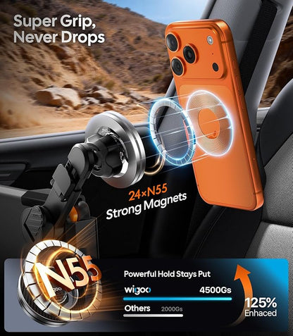 Wigoo for Magsafe Tesla Phone Mount, Magnetic Phone Holders for Tesla Model 3 Y Accessories, 【Strongest Magnet Power, No Glue, Extendable Arm】 Vacuum Car Phone Mount for iPhone 17 16 15 14 13 Series