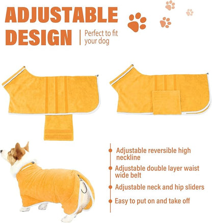 HhiMyOct Dog Robe - Fast Drying Towel - Microfiber Super Absorbent Pet Bathrobe, Adjustable Collar & Belly Strap (Yellow, Small)