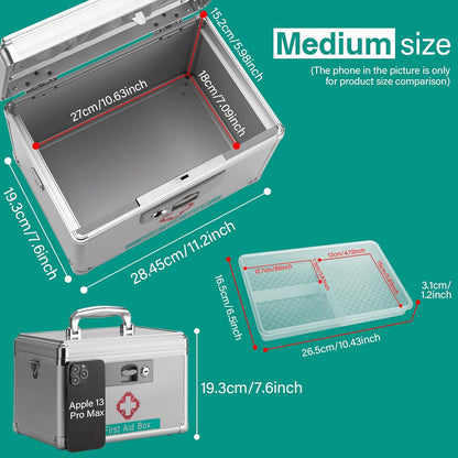 First Aid Box with Key, 11.2 x 7.6 x 7.6 Inches, Empty Lockable Medicine Storage Organizer for Home/Outdoor (Silver/Medium)