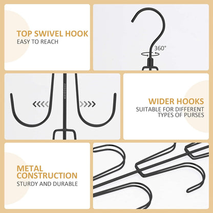 ZEDODIER 2 Pack Purse Organizer for Closet, Rotatable Purse Hanger Bag Holder, Max 16 Storage Capacity Backpack Rack, Metal Space Saving Hanger, Black
