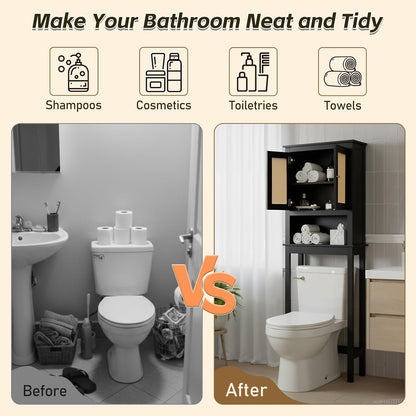 Over The Toilet Storage Cabinet, Behind Toilet Bathroom Organizer with Adjustable Shelves, Above Toilet Organizers with Barn Door, Space Saver for Restroom, Bathroom, Laundry