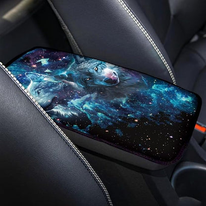 Blue Galaxy Wolf Print Center Console Cover for Men,Fashion Armrest Cover Pad for Cars SUV Sedan