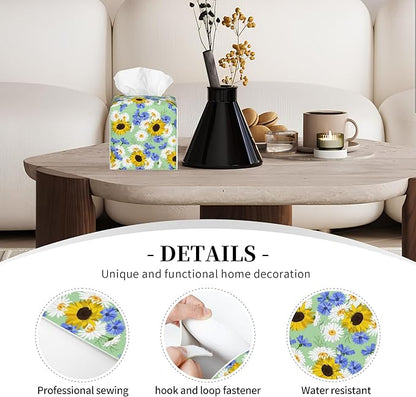 POIUBLE Tissue Box Holder Sunflowers, Cornflowers and Chamomile Tissue Box Cover Square Leather Tissue Holder Organizer Portable Decorative Facial Paper Case for Home Office Bathroom Vanity Countertop