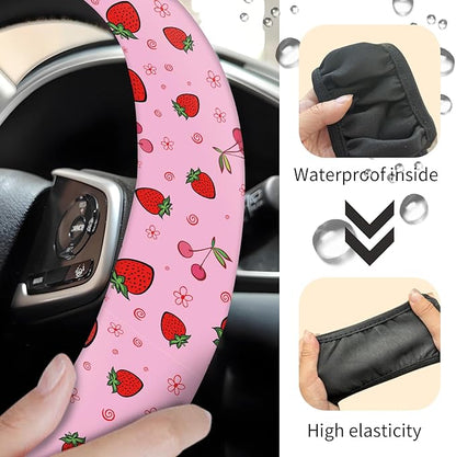Car Steering Wheel Cover, Universal 15 Inch Neoprene Non-Slip Steering Wheel Covers, Funny Car Accessories for Women Men Fit Auto, Suvs, Truck Cute Pink Cherry Strawberry