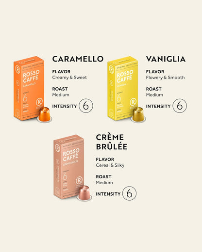 ROSSO CAFFÈ 120 Espresso Coffee Pods for Nespresso Original Machines - Value Pack of Premium Flavored Capsules, 3 Rich and Balanced Desert Coffees (Vanilla, Crème Brulee, Caramel)