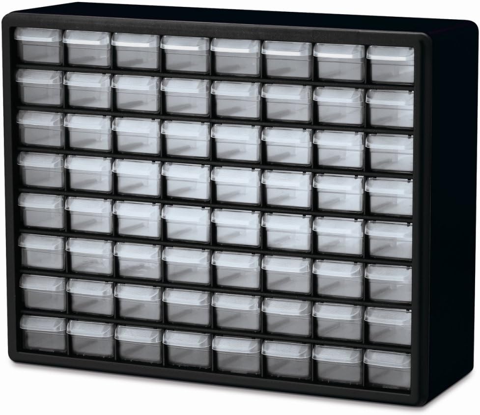 Akro-Mils 64-Drawer Plastic Drawer Storage Cabinet for Garage Organization, Bead Organizer, Building Bricks Storage, Teacher Toolbox, Makeup Organizer, 20-Inch W x 6-Inch D x 16-Inch H, 10764 Black