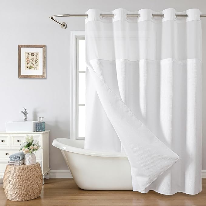 eachope Long No Hook Shower Curtain with Snap-in Fabric Liner Set,White Waffle Weave Shower Curtains for Bathroom,Hotel Luxury Decor Bathroom Curtain Set,Waterproof & Washable,71Wx80H