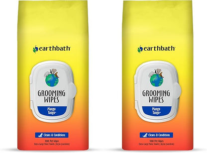 earthbath, Mango Tango Grooming Wipes - Dog Wipes for Paws and Butt, Best Pet Wipes for Dogs & Cats, Made in USA, Cruelty-Free Dog Cleaning Wipes, Removes Dirt & Dander - 100 Count (2 Pack)