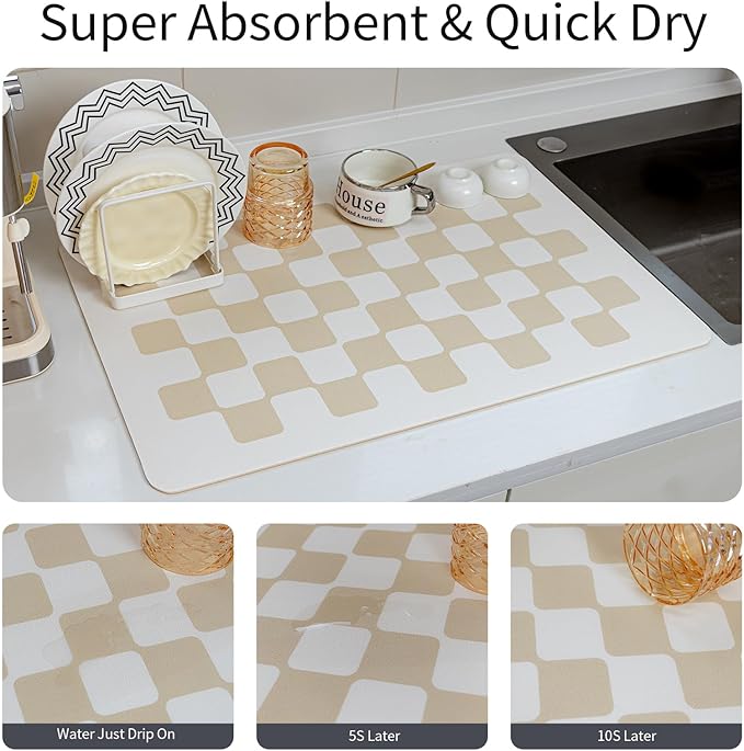 2PCS 24''x16'' Water Absorbent Dish Drying Mats for Kitchen Counter Checkered Coffee Bar Station Accessories, Easy Clean and Quick Drying,Beige Checkered