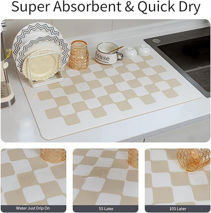 2PCS 24''x16'' Water Absorbent Dish Drying Mats for Kitchen Counter Checkered Coffee Bar Station Accessories, Easy Clean and Quick Drying,Beige Checkered