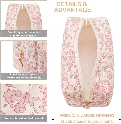 Gleyemor Small Quilted Makeup Bag for Women, Cute Floral Bow Cosmetic Bag, Emergency Bag Travel Toiletry Cotton Pouch Gifts for Girls Her Mom Friend Sister Bridesmaid (Pink Flower)