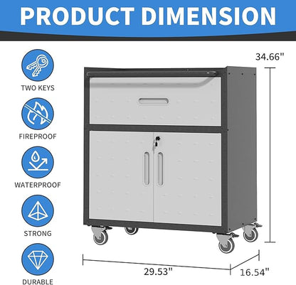 Metal Storage Cabinet with Wheels, Rolling Tool Cabinet with Adjustable Shelve