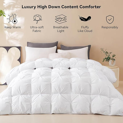 SNOWMAN Premium Down Comforter Cal King Size, Luxurious All Season Duvet Insert with Cotton Blended Fabric, Pinch Pleat Design Hotel Bedding Comforter (White,108"x98")