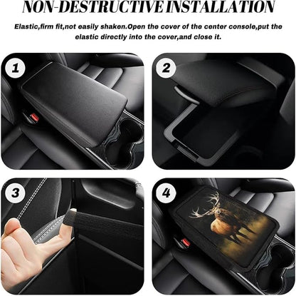 Wild Elk Print Car Center Console Cover Waterproof Vehicle Armrest Cover Pad Elastic Armrest Seat Box Cover Protector Car Armrest Cover Cushion with 2 Storage Bags
