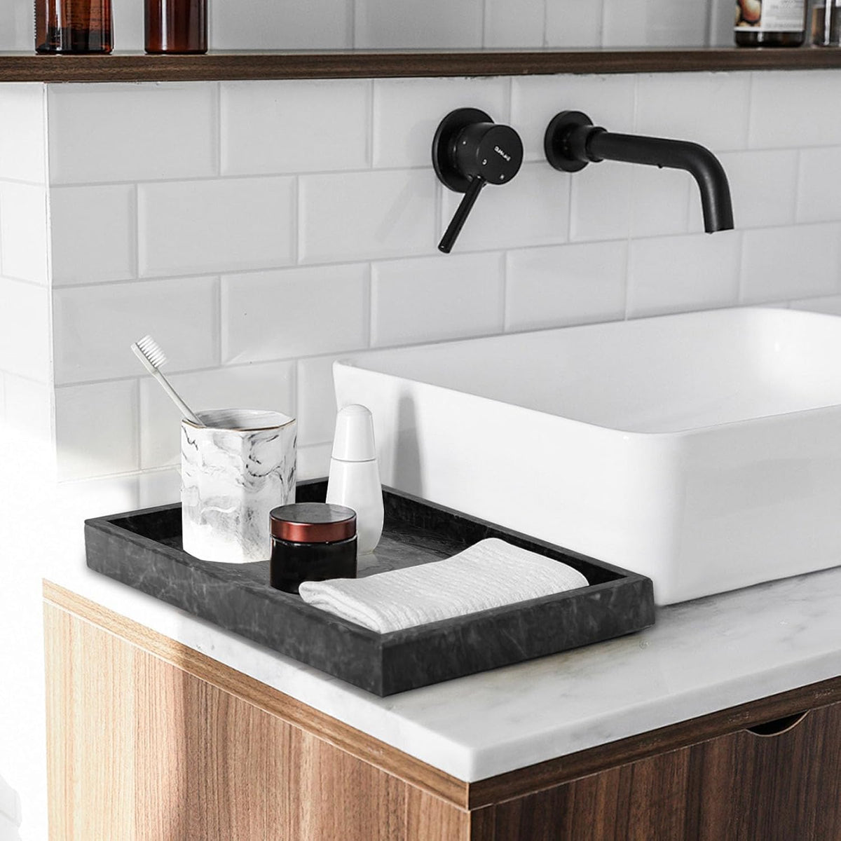 Marble Bathroom Tray,Pure Natural Vanity Tray,Marble Trays for Kitchen Counter Non-Ceramic/Non-Resin,Stone Tray 12 x 8 inch (Black) ﻿