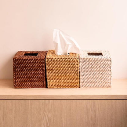 2 Pack Rattan Tissue Box Cover Square, Hand Woven Wicker Tissue Holder, 5.5 x 5.5 X 5.7 inch, Natural