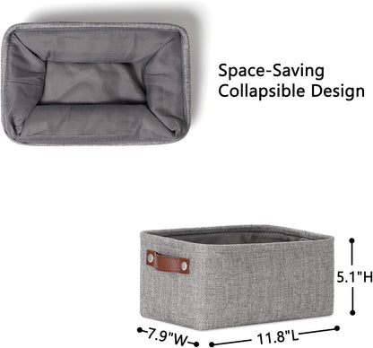 DULLEMELO Small Storage Baskets 11.8"x7.9"x5.1", Fabric Storage Bins for Shelves,Closets,Nursery,Home,Office [3 Pack], Collapsible Storage Baskets with Leather Handles (Gray)