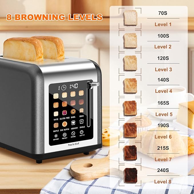 2 Slice Toaster Touch Screen, Stainless Steel Toasters Digital Timer 2 Slot