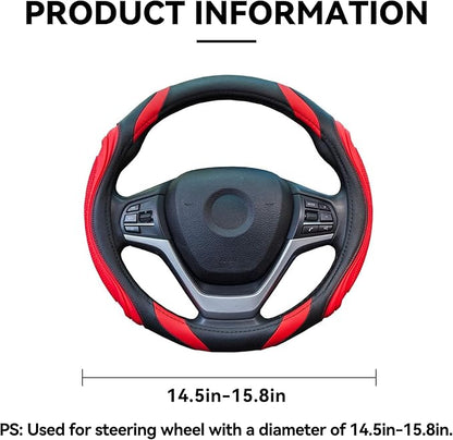 Car Steering Wheel Cover, 15 Inch Leather Breathable Anti-Slip Soft Steering Wheel Protector for Men and Women, Universal Car Accessories for SUV, Truck, RV (Red)