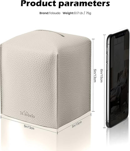 Tclouda Tissue Box Cover for PU Leather, Modern Simple Solid Color Holder Square Tissue Bag, Ideal for Bathrooms,Office,Car,Outdoor Tent,Dining Table,5"X5"X5", Double Off-White