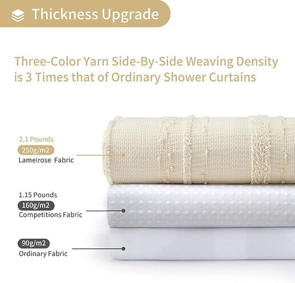Lameirose Beige Shower Curtain Boho, 72 x 72 Cotton Blend Waffle Weave Stripe Textured Heavy Duty, Fabric Shower Curtain for Bathroom, Hotel, Washable
