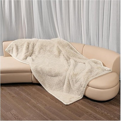 Wowchine Calming Dog Blanket,Waterproof Long Faux Fur Pet Blankets for Medium Puppy Cat Reverible Sofa Couch Covers Washable Pets Ded Cover Cream S-40x28in