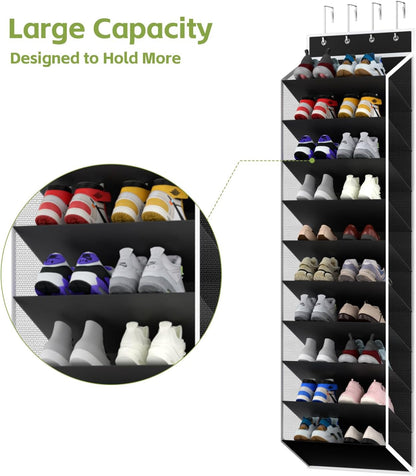 KEEPJOY 10 Tiers Mesh Over Door Shoe Organizer Storage, Hanging Shoe Holder for Door with Large Deep Pockets, Fit 20-30 Pairs Shoe Rack for Sneakers, Boots.(Black)