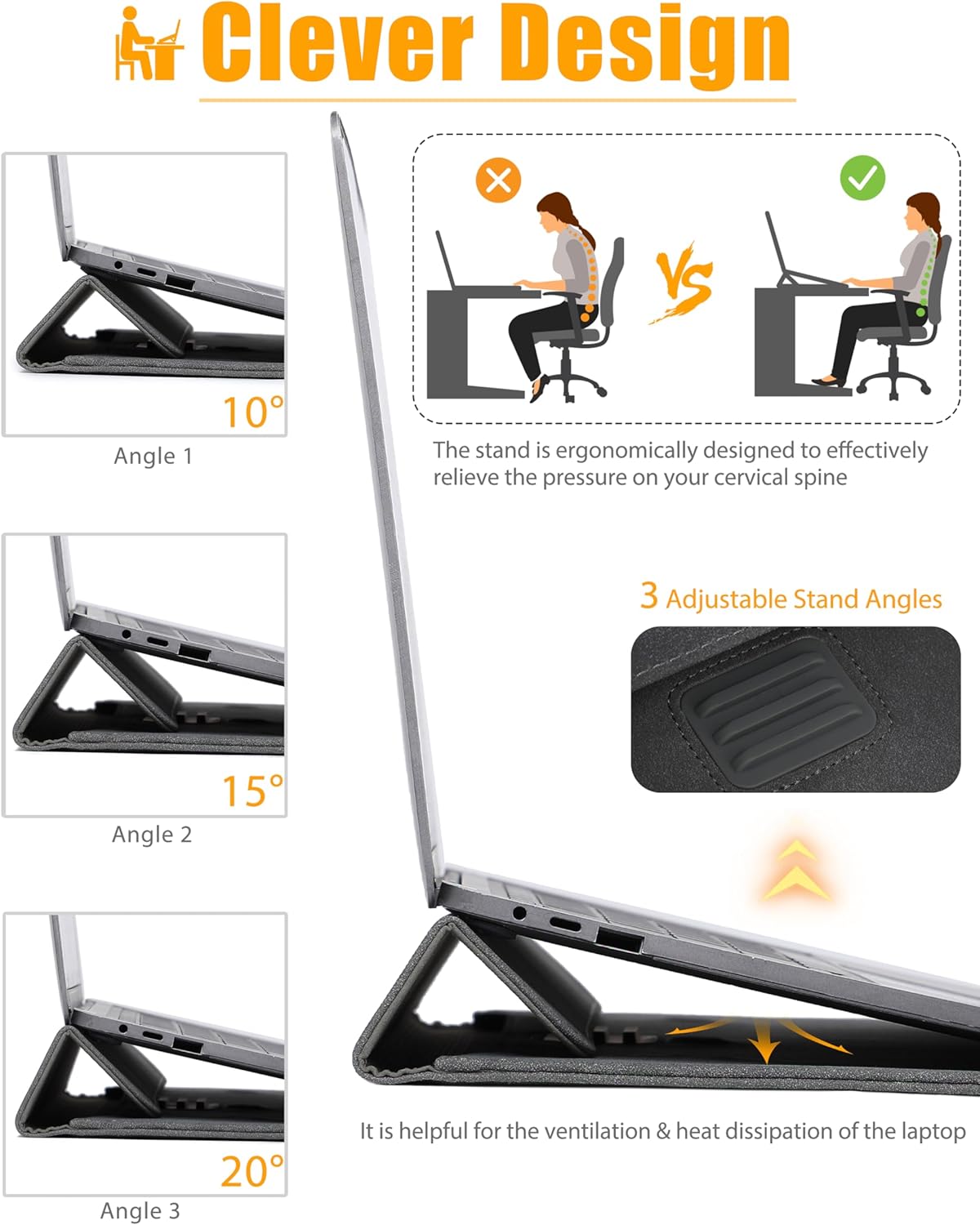 HYZUO 13 Inch Laptop Sleeve with Adjustable Stand for MacBook Air 13 M4 M3 M2 M1 2025-2018, MacBook Pro 13 M2 M1 2025-2016, Surface Pro, iPad Pro/Air 13 M4 M3 M2, XPS 13, with Pouch, Space Gray