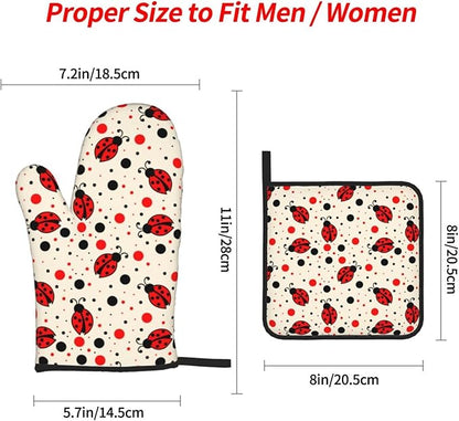 Ladybugs Oven Mitts and Pot Holders 4 Pcs Set Oven Gloves and Potholders for Cooking Microwave BBQ Baking Grilling