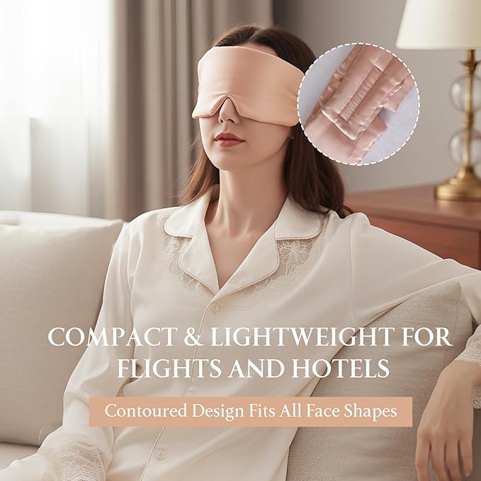 100% Mulberry Silk Sleep Mask, Eye Mask for Deep Sleep and Travel, Soft Breathable Eye Cover with Adjustable Headband (Rose Gold)