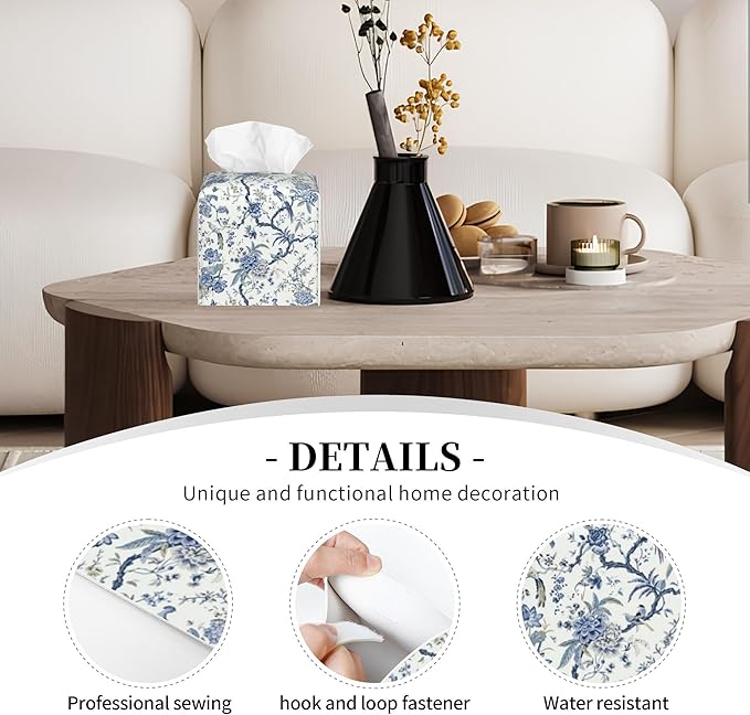 POIUBLE Blue Flower and Bird Tissue Box Cover Leather Tissue Box Holder Square Facial Paper Organizer Dispenser for Bathroom Kitchen Bedroom Vanity Countertop Night Stands