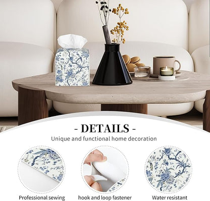 POIUBLE Blue Flower and Bird Tissue Box Cover Leather Tissue Box Holder Square Facial Paper Organizer Dispenser for Bathroom Kitchen Bedroom Vanity Countertop Night Stands