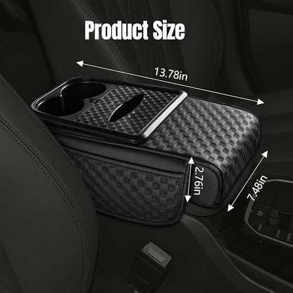 Hovom Car Center Console Armrest Pillow, 13.78"×7.48"×2.76" Leather Arm Rest Cover for Cars, Multifunctional Auto Armrest Cushion Pad with Pocket, Tissue Box & Cup Holder, Car Accessories (Black)
