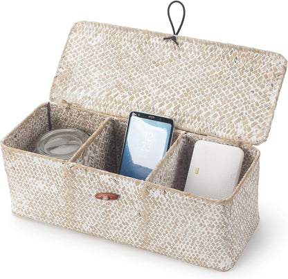 Seagrass Storage Basket with Lid Rectangular Small Woven Shelf Baskets with Sections for Organize Snack Toys Whitewash