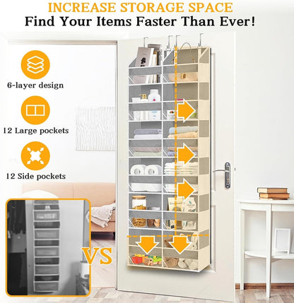 Over The Door Organizer 6 Tiers, Extra Large Behind Door Storage of 12 Compartments, 80 lbs Weight Capacity Hanging Storage Organizer with Clear Window Kids Toys,Shoes,Diapers,Room Storage,Light Grey