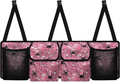 Pink Spiderweb Car Trunk Organizer Bag Car Back Seat Hanging Storage Bag Auto Cargo Bags with 4 Large Pockets Universal Automotive Interior Accessories