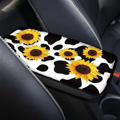 Dreaweet Sunflower Cow Print Car Armrest Cover Center Console Arm Rest Box Pad Mat Cute Car Accessories for Women Girls,Universal Fit SUV