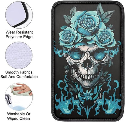 Dreaweet Teal Rose and Skull Center Console Cover Halloween Car Accessories for Women Interior Soft Comfort Vehicle Center Console Armrest Cover Pad Universal Fit Most Cars SUV Sedan