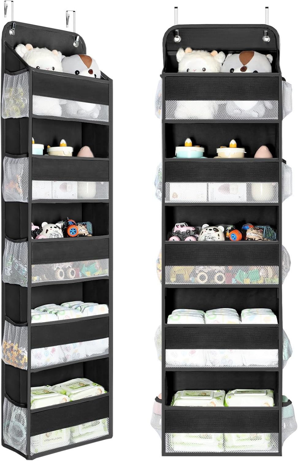 Yecaye 2 Pc Over the Door Organizer with 5 Bins 10 Side Pockets, 44lbs Load Hanging Bathroom and Bedroom Organizer, behind the Door Hanging Organizers for Nursery Newborn Baby Essential Stuff Black
