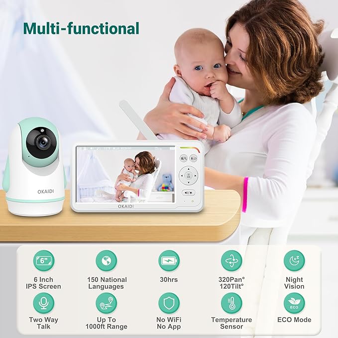 OKAIDI Baby Monitor with 2 Cameras and Audio, Video Baby Monitor with 6'' IPS