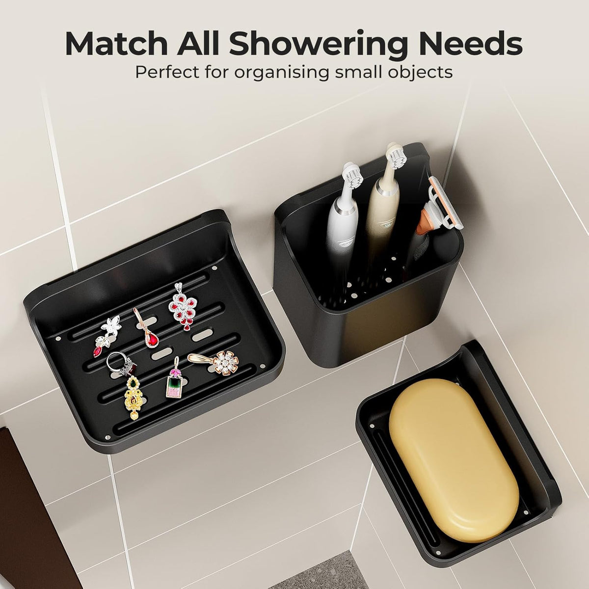Orimade Shower Caddy 5-Pack, No-Drill Adhesive Shelves for Bathroom, Rustproof ABS Storage Organizer Set, Black