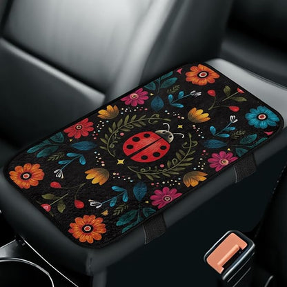 CLOHOMIN Cute Ladybug Center Console Armrest Cover for Car Sedan Van Flannel Car Armrest Cushion Winter Automobile Arm Rest Cushion Pad Flowers Auto Decoration Accessories