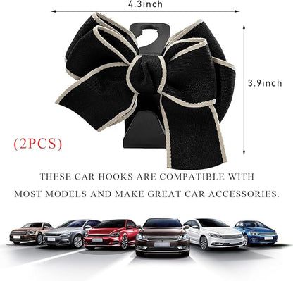 2 PCS Car Seat Headrest Hooks, Cute Bow Shaped Vehicle Backseat Storage Hooks, Leather Bow Shaped Sturdy Car Seat Back Hooks for Purses/Coats/Umbrellas, Car Accessories (White Edge)